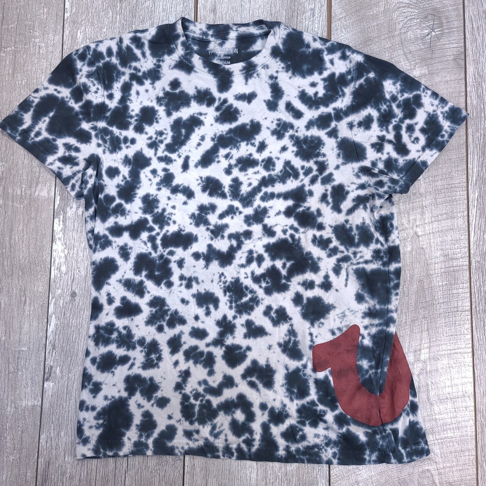 True Religion T-Shirt Mens Medium Blue Tie Dye Horseshoe Logo Loungewear Tee